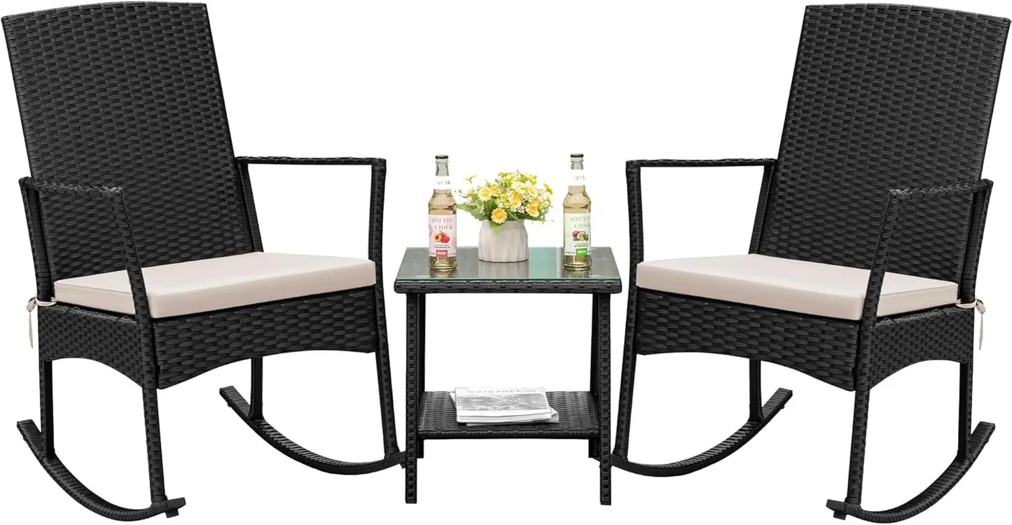 Rocking Chair Outdoor, Glass Table, High Back Porch Rocker for Balcony Garden Backyard (Beige)