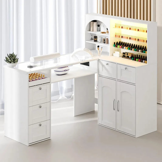 Professional LED Nail Table with USB Ports, Glass Top, Storage Cabinet & Drawers for Salon Manicure Workstation