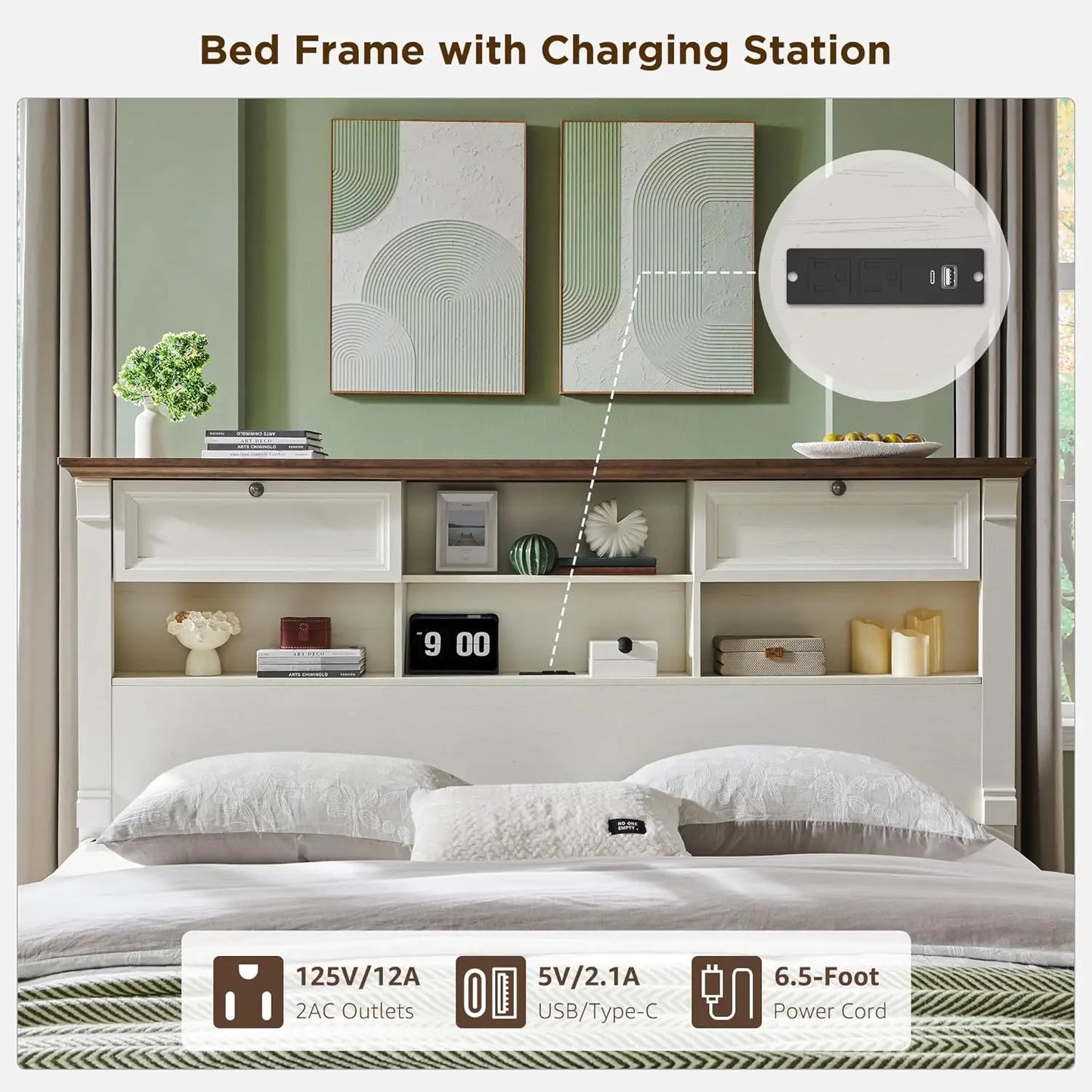 Farmhouse King Size Bed Frame with 54" Tall Storage Bookcase Headboard, Wood Platform Bed Frame(Antique White)