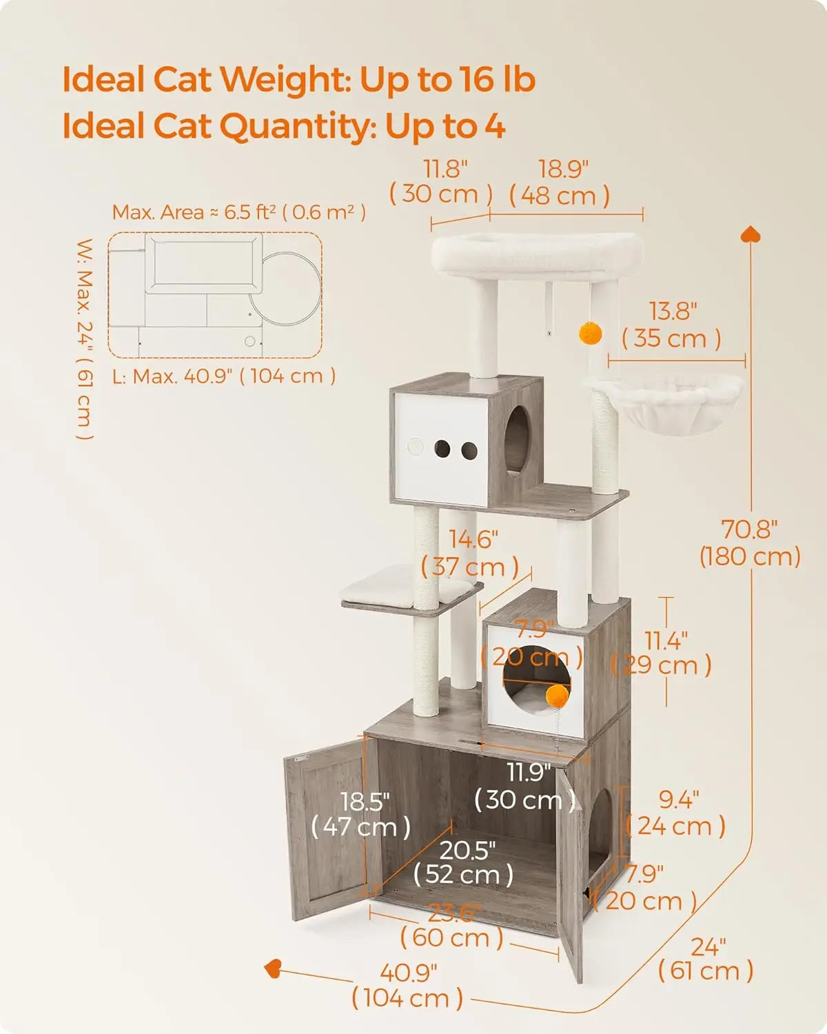 Cat Tree with Litter Box Enclosure, Cat Tower, 70.8-Inch Tall Cat Condo with Scratching Posts, Perch, Caves