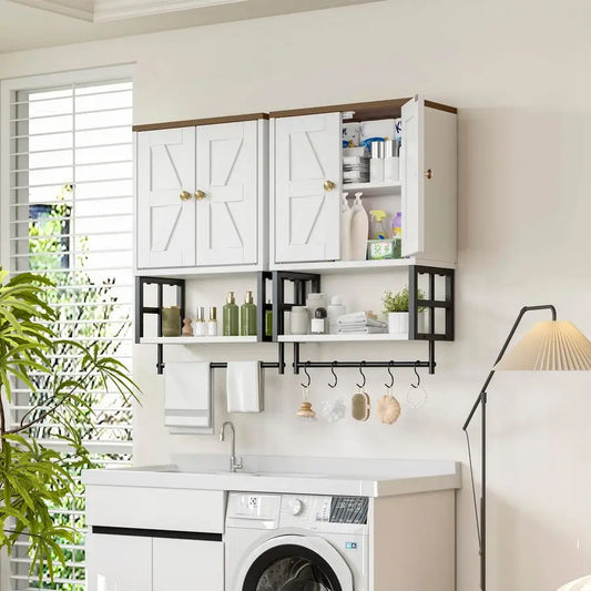 Farmhouse, Medicine Cabinet, Wall Mounted Storage Organizer with Adjustable Shelves, Towel Bar, 5 Hooks for Small Bathroom,