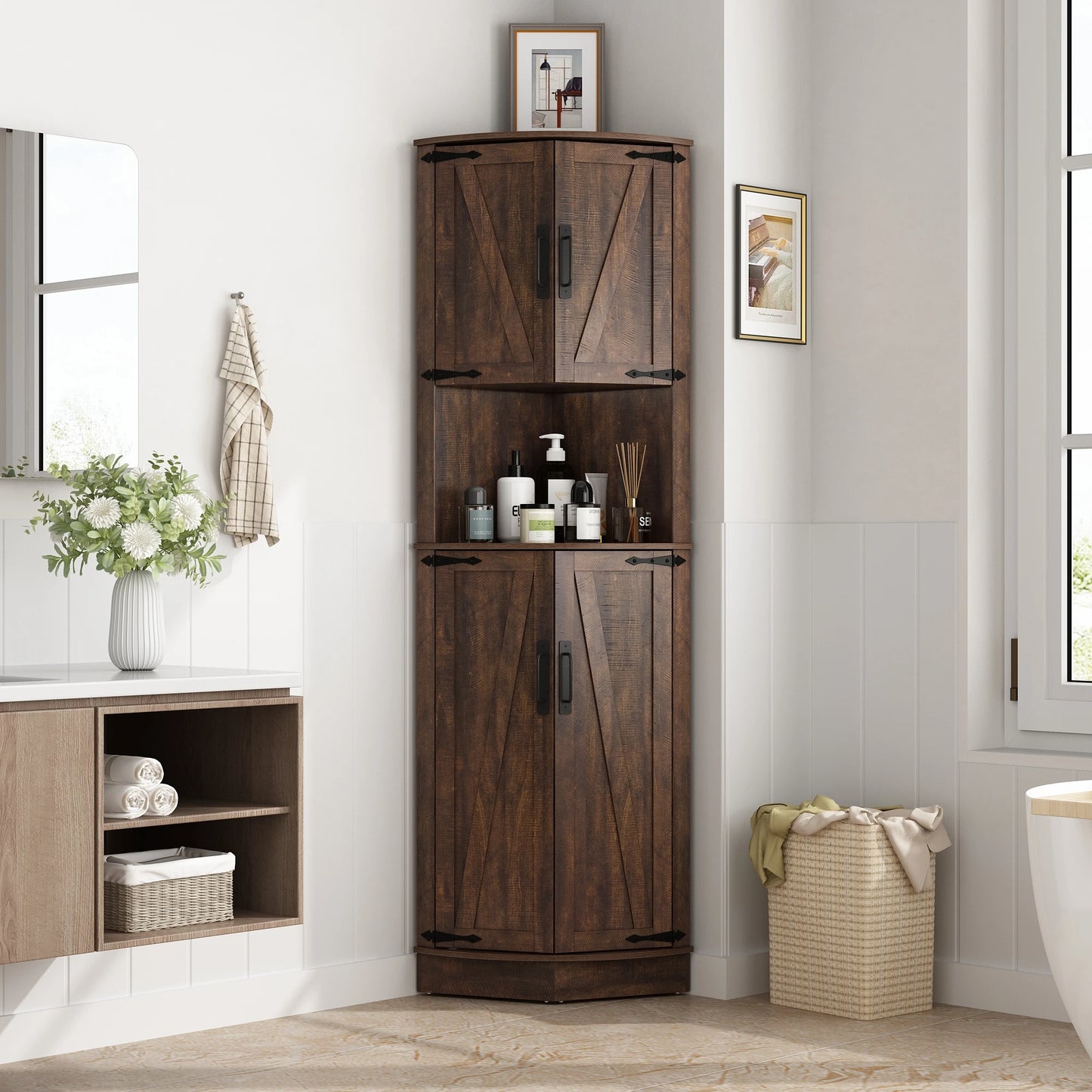 Bathroom Storage Tall Corner Cabinet with Barn Doors, 67"and Adjustable Shelf