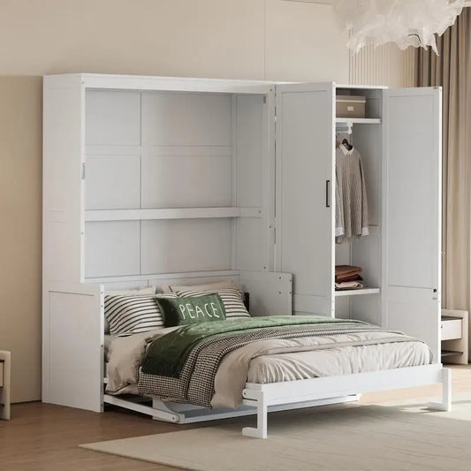 Queen Size Murphy Bed Wall Bed with Closet - White, Space-Saving Design, Ideal for Small Living Areas,