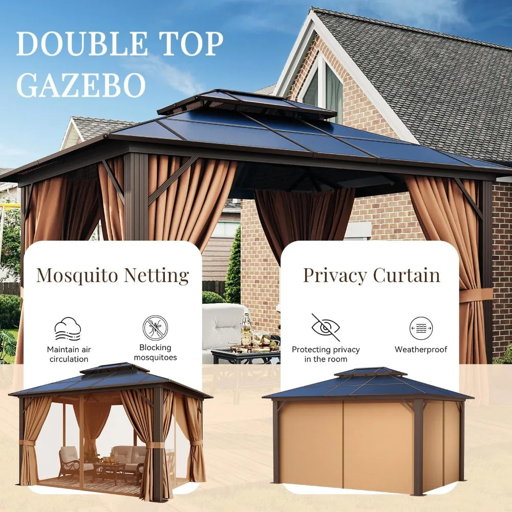10x12ft Hardtop Gazebo with Double Roof, Aluminum Frame, Netting & Curtains - Outdoor Pavilion for Patio Garden