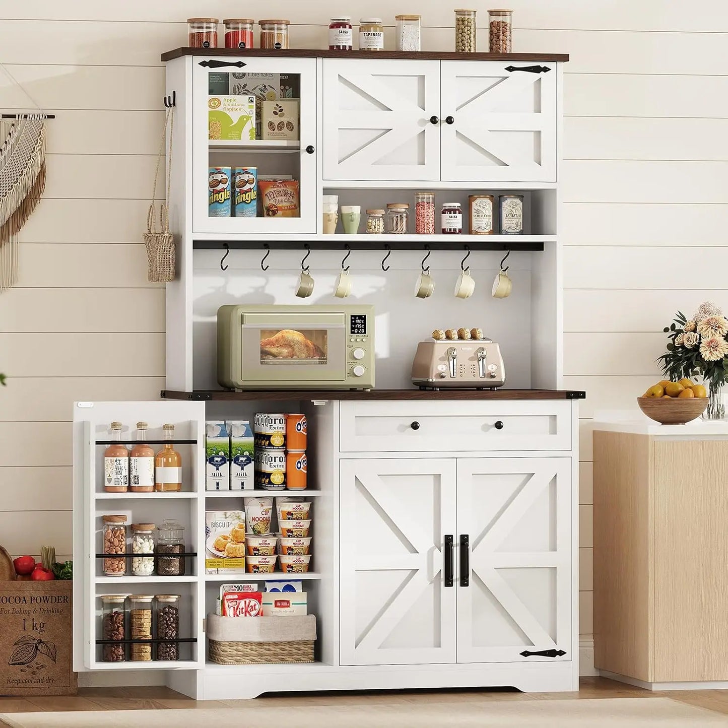 Farmhouse Kitchen Pantry Cabinet, Kitchen Cabinet with Drawer & Doors, Barn Doors Storage Cabinets with Adjustable Shelf