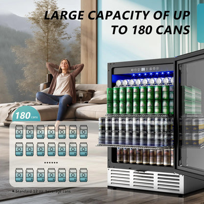 Refrigerator 24Inch 180 Can Built-in Beverage Cooler Under Counter Beer,Soda ,Water