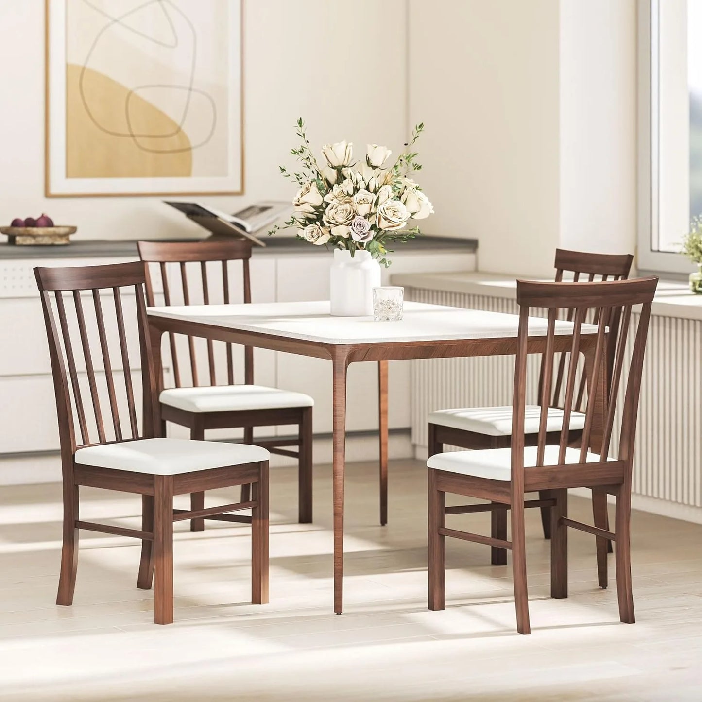Wooden Dining Chairs Set, Farmhouse Upholstered Kitchen Chairs with Rubber Wood Frame