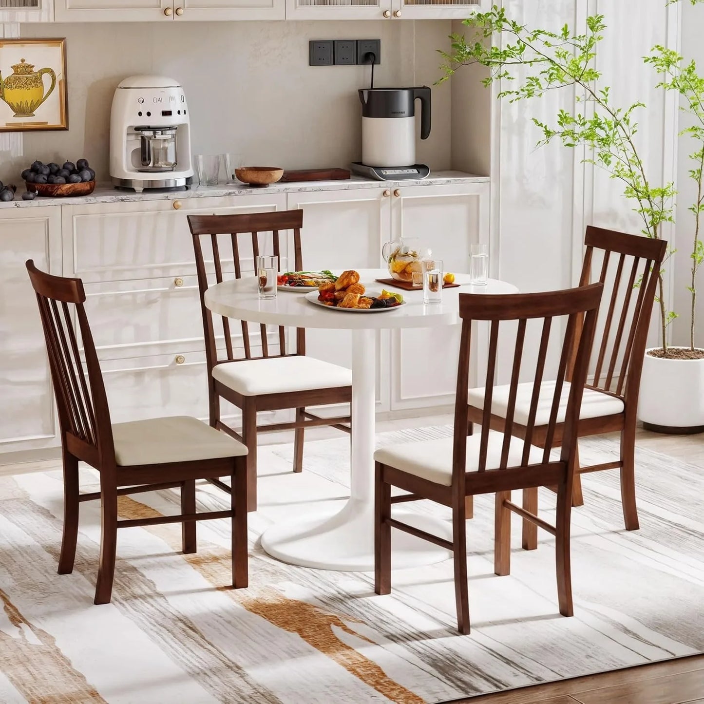 Wooden Dining Chairs Set, Farmhouse Upholstered Kitchen Chairs with Rubber Wood Frame