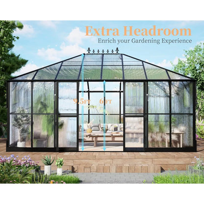 16x12x9.5 FT Polycarbonate Greenhouse for Outdoors, Pavilion Style Greenhouse with 4 Vent Windows, Lockable Double Doors, Ideal