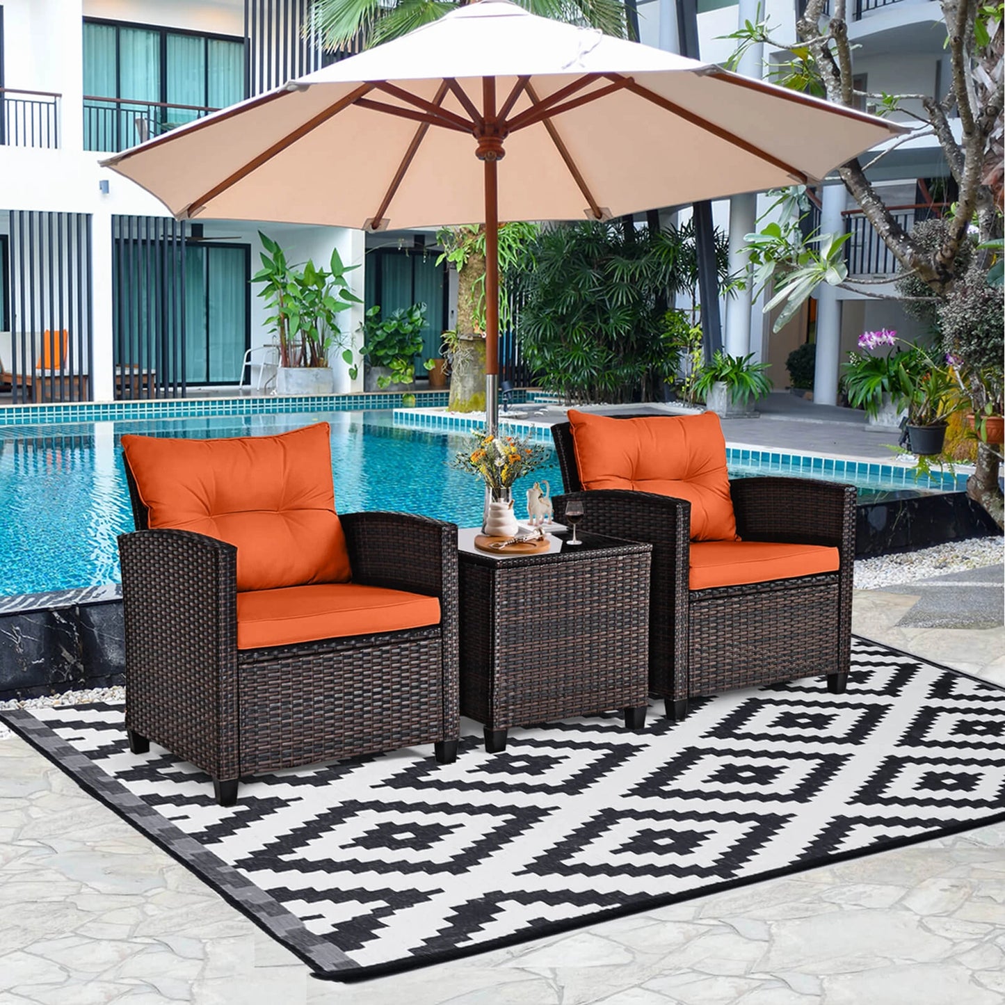 3 PCS Patio Rattan Furniture Set Cushioned Conversation Set