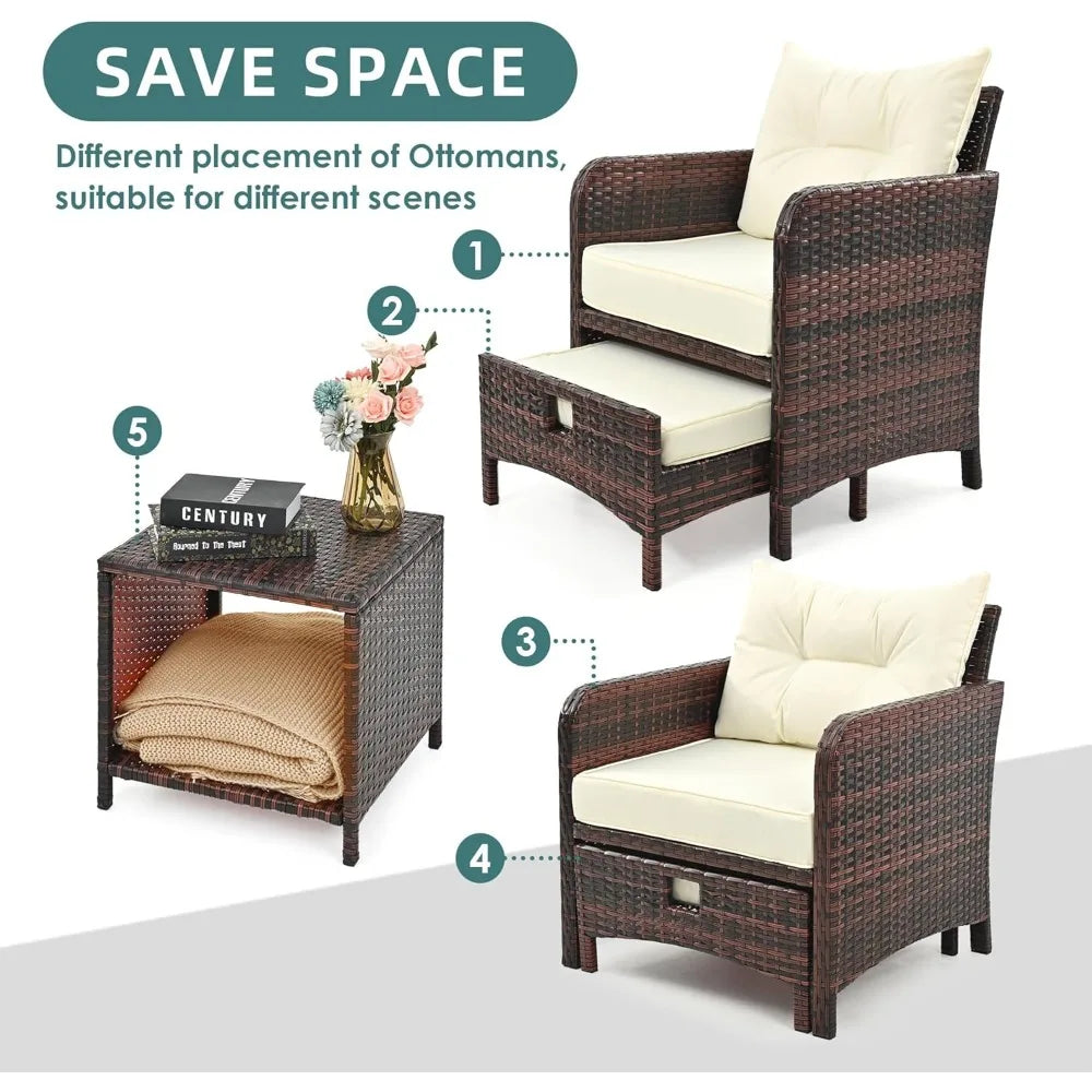 5 Pieces , Rattan Balcony Furniture with Ottomans, PE Wicker Outdoor Patio Chairs Set with Coffee Table