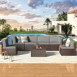 7 Piece Outdoor Patio Furniture Set, PE Rattan Outdoor Wicker Sectional Furniture Chair Set with Cushions and Table