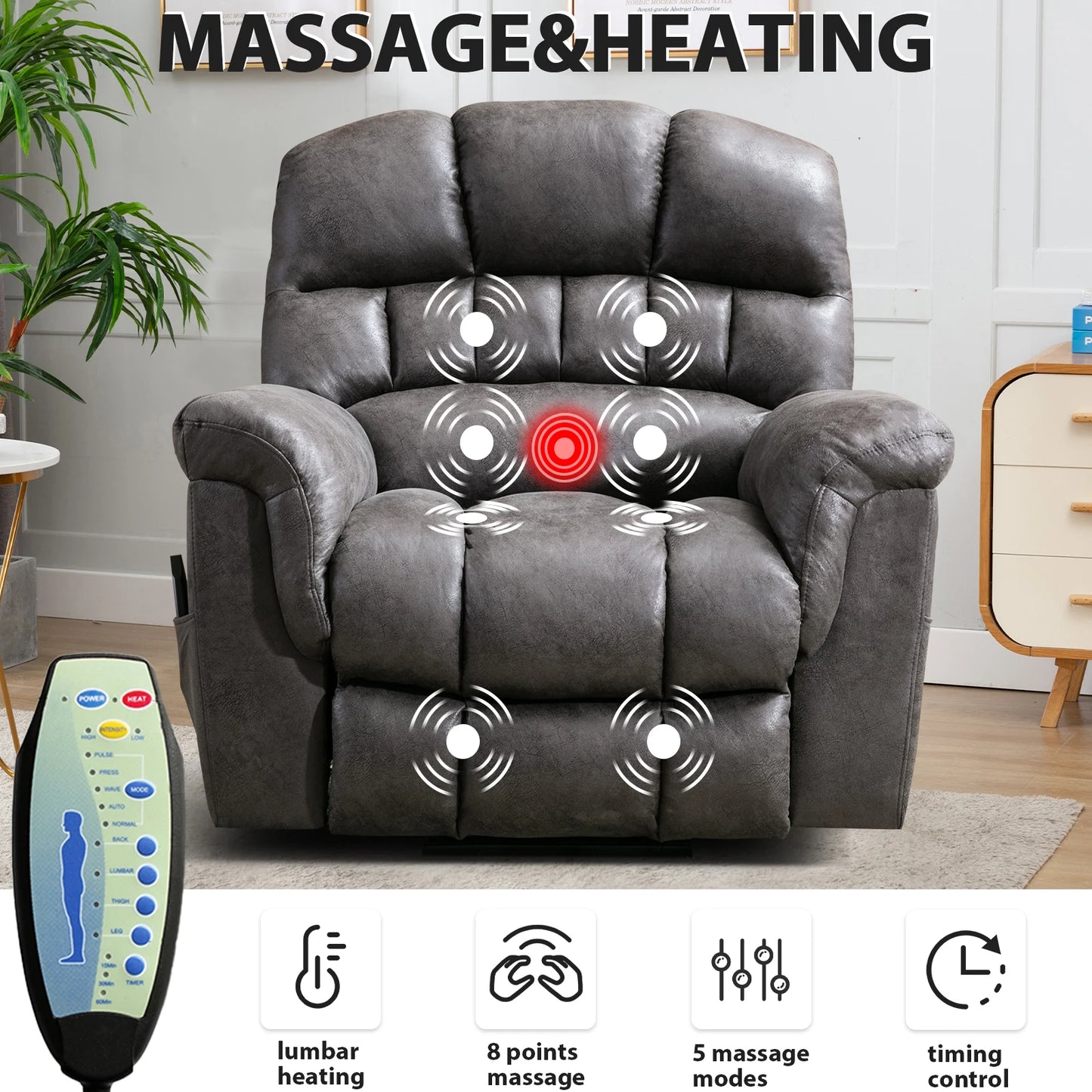 Large Power Lift Recliner Chairs with Massage and Heat for Elderly Big People, Heavy Duty Electric Faux Leather