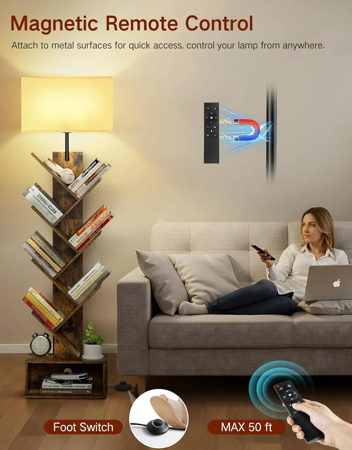 6-Tier Tall  Rustic Bookshelf with Light, Remote & Timer, Modern Narrow Wood Floor Bookcase for Living Room