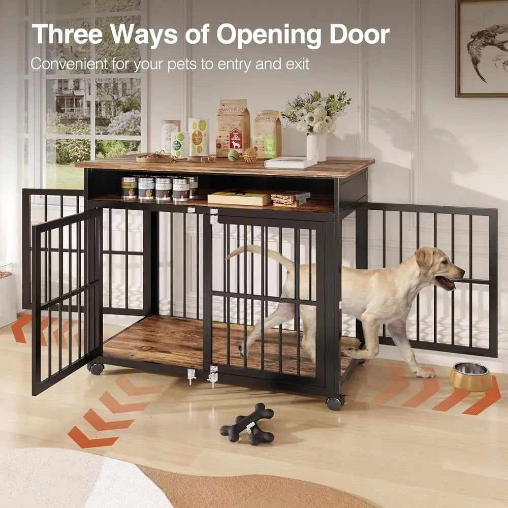 39.4" Dog Crate for Medium and Large Breed, Dog Kennel with Storage Shelf & Lockable Wheels, Heavy Duty Wood