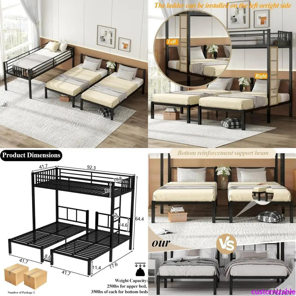 triple bunk bed with detachable twin over twin over twin metal frame, guardrails, ladder, and storage solutions