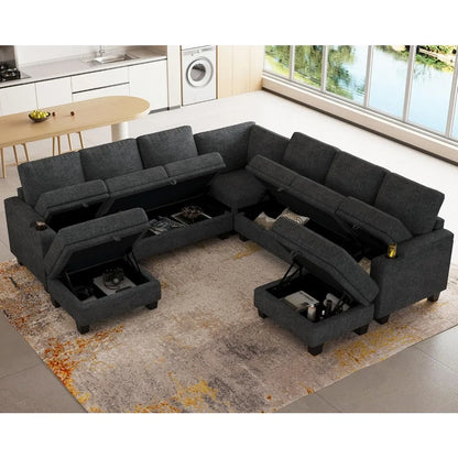 Sectional Sofa Couch with Storage, U Shape Convertible Corner Couches for Living Room Dark Grey Couch
