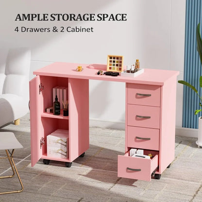 Manicure Table with Cabinet, Drawers, Wheels, and Wrist Rest for Spa Salon Technician Workstation