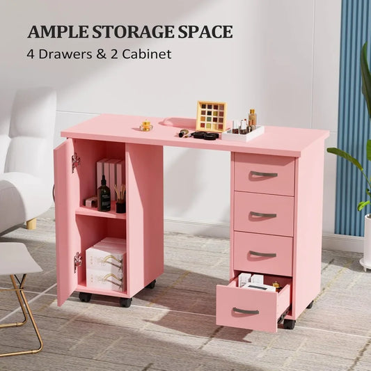 Manicure Table with Cabinet, Drawers, Wheels, and Wrist Rest for Spa Salon Technician Workstation