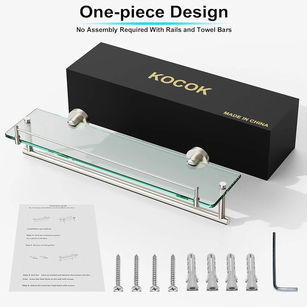 20 Inch Tempered Glass Floating Shelf with Towel Rack