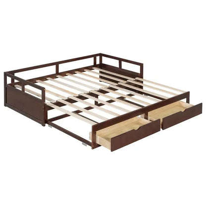 Wooden Daybed with Trundle and 2 Storage Drawers, Expandable Bed/Sofa for Bedroom or Living Room, Espresso Finish