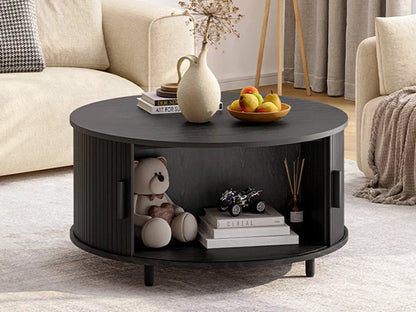 Round Coffee Table with Storage,31.5" Modern Coffee Table with Coffee Table with Sliding Doors