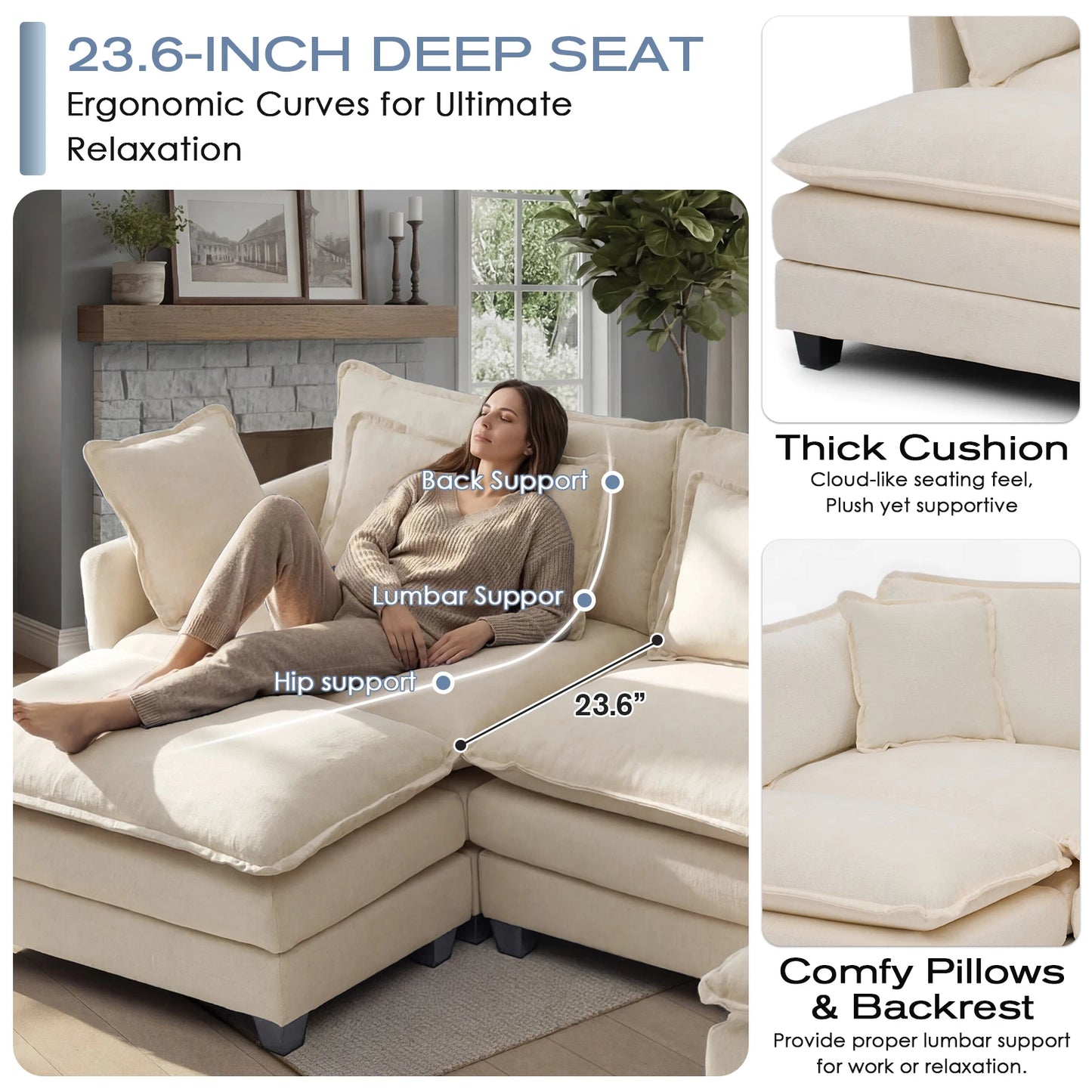 113.4" Modular Sectional Sofa with Ottoman,  Couch with Deep Seat (23.6" D), Solid Wood Frame