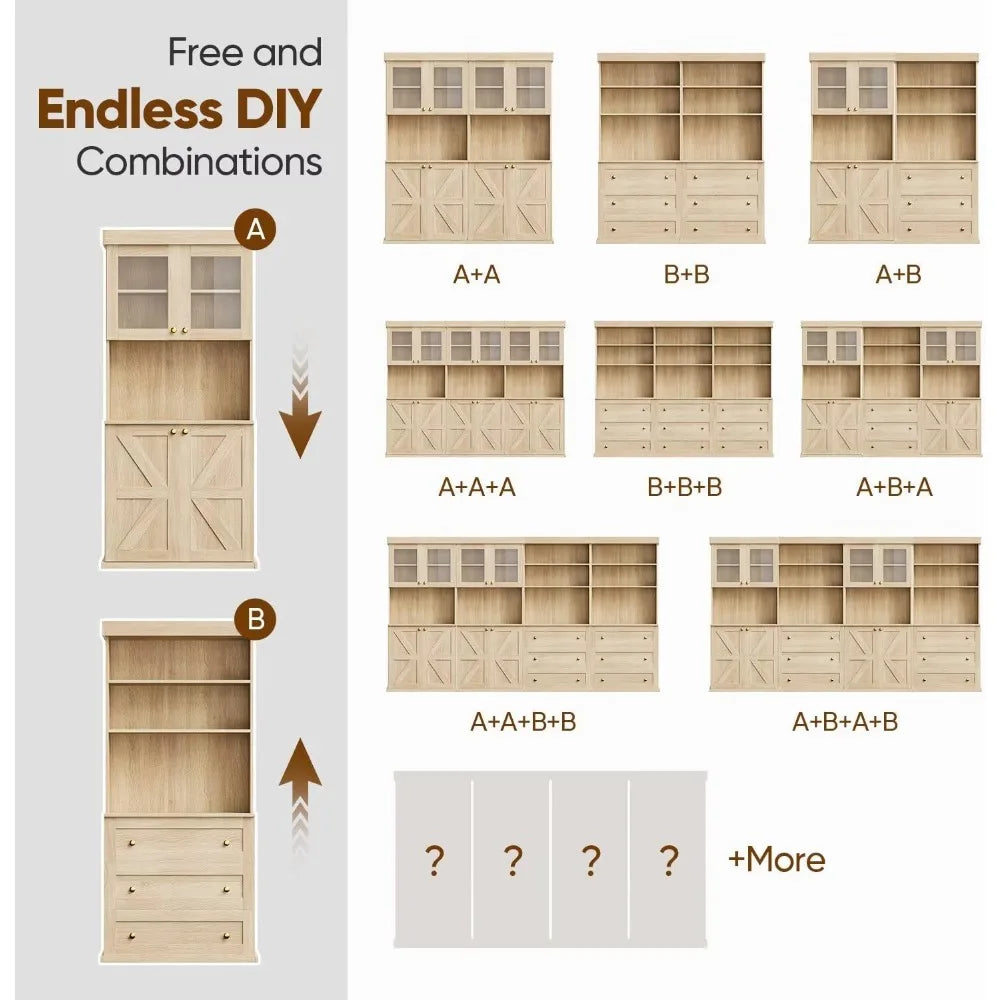 71" Farmhouse Kitchen Pantry Cabinet Set of 3, Brown Freestanding Coffee Bar Hutch with Glass Doors & Adjustable Shelves