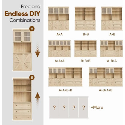 71" Farmhouse Kitchen Pantry Cabinet Set of 3, Brown Freestanding Coffee Bar Hutch with Glass Doors & Adjustable Shelves