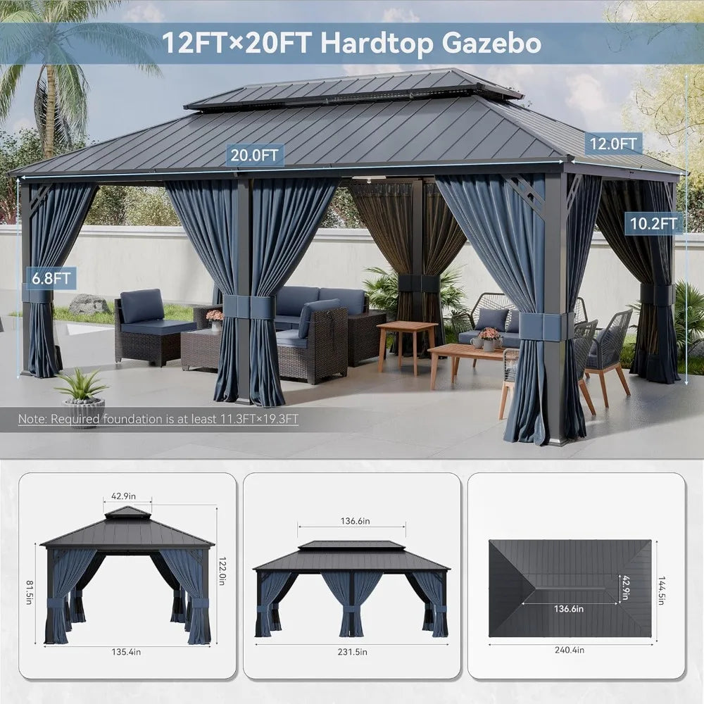 Metal Gazebo with Double Roof and Galvanized Steel, Outdoor Canopy with Curtains and Netting
