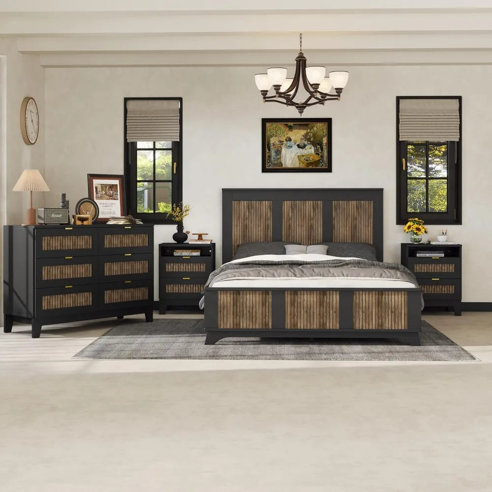 4 Piece Queen Bedroom Set,Queen Size Platform Bed  Qwith Wooden Strip Stickers Decoration, 2 Nightstands and Dresser, 4 Piece Fa
