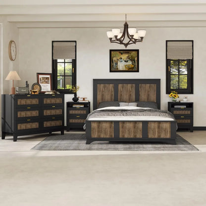 4 Piece Queen Bedroom Set,Queen Size Platform Bed  Qwith Wooden Strip Stickers Decoration, 2 Nightstands and Dresser, 4 Piece Fa