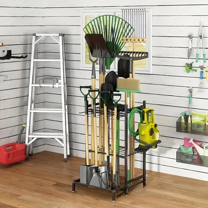 garden tool rack, patio tool tower, garage organization and storage, heavy-duty steel garden tool rack