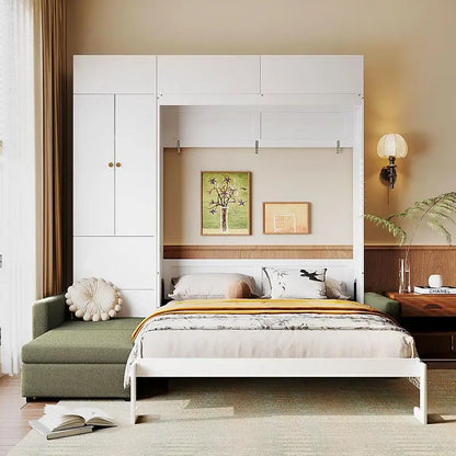 Queen Murphy Bed with Sofa and Shelves, Beige Wall Bed System for Space Saving Solution