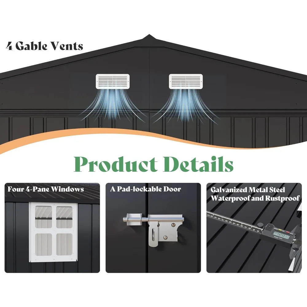 13.2x21x8 FT Outdoor Metal Garage Shed, Extra Large Storage Shed with Double Hinged Doors, 4 Windows, Carport