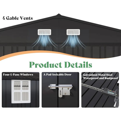 13.2x21x8 FT Outdoor Metal Garage Shed, Extra Large Storage Shed with Double Hinged Doors, 4 Windows, Carport