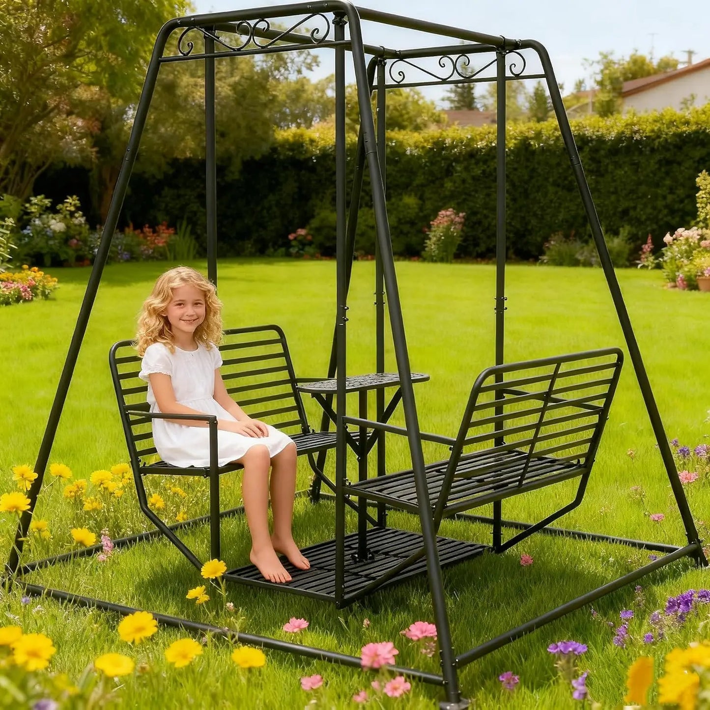 Outdoor Patio Swing Chair with Stand and Table, Hanging Swings with Heavy-Duty Steel Frame, Anti-Rust