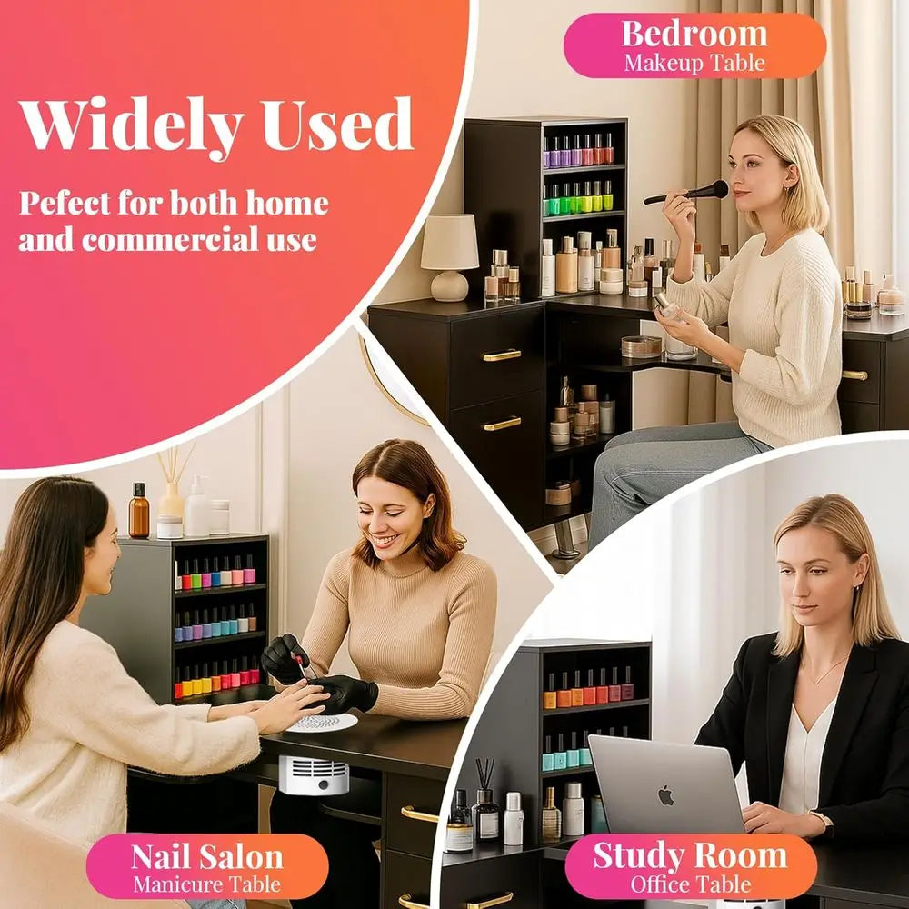 L-Shaped Manicure Desk with Dust Collection, Storage, and Wrist Rest - Black Nail Technician Workstation