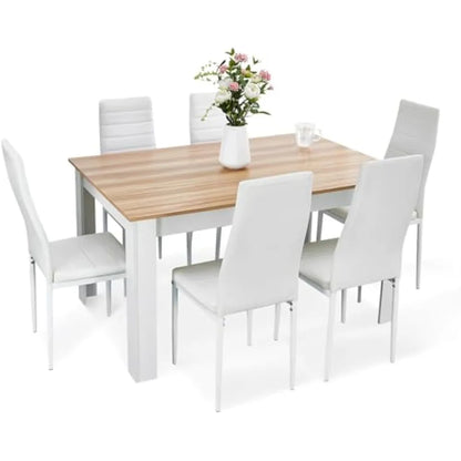 Dining Table and Chairs, Kitchen Table with 6 High Back Faux Leather Chairs