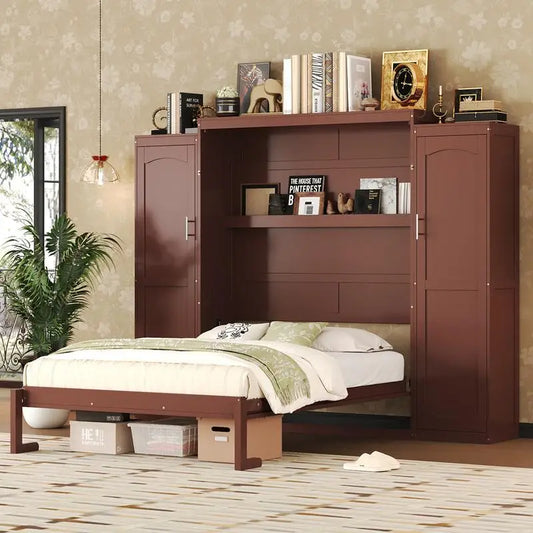 Full Size Murphy Bed with 2 Wardrobes & Storage Shelves, Multifunctional Foldable Platform Bed Frame