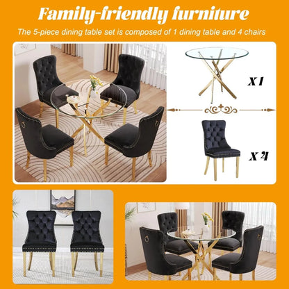 Glass Dining Table Set, 5-Piece Round Tempered Glass Kitchen Table Set with 4 Velvet Upholstered Dining Chairs