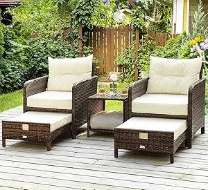 5 Pieces , Rattan Balcony Furniture with Ottomans, PE Wicker Outdoor Patio Chairs Set with Coffee Table
