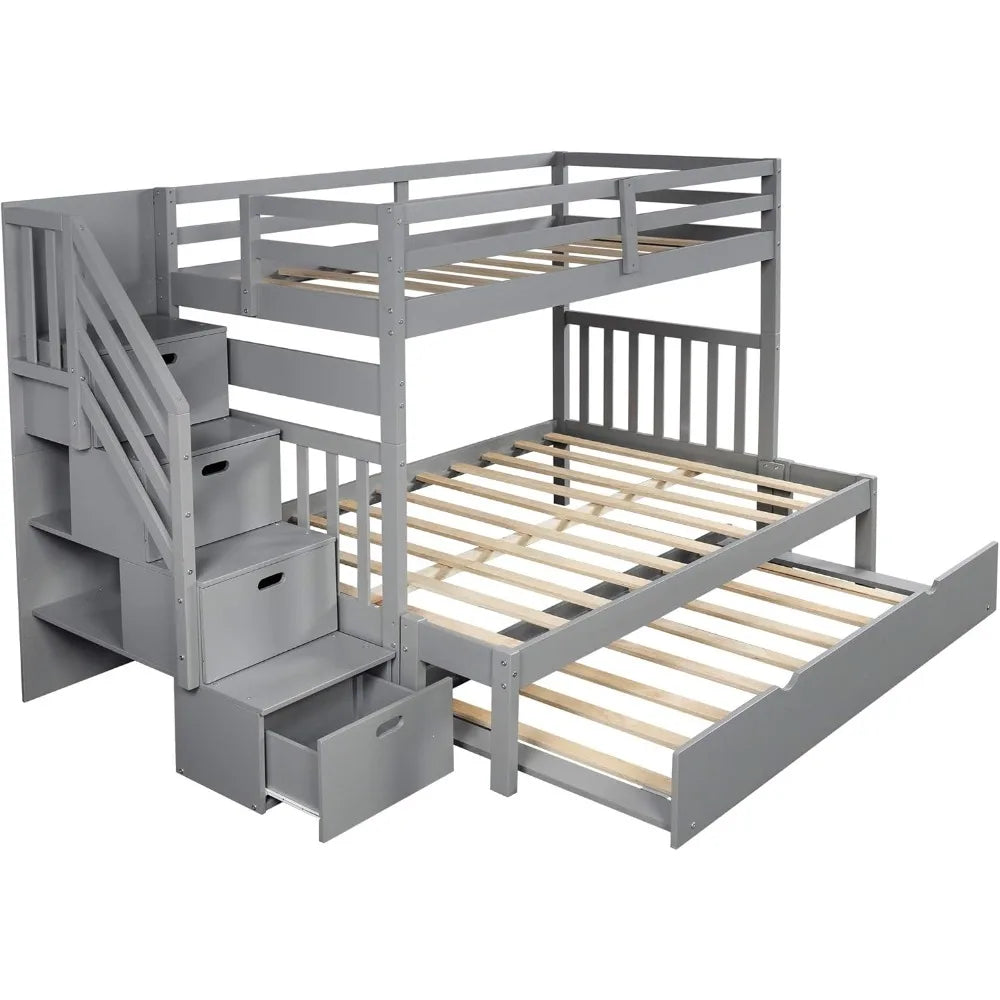 Stairway Twin Over Twin/Full Bunk Bed with Twin Size Trundle and Drawers, Solid Wood Bunk Bed, Staircase