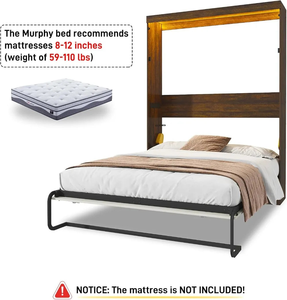 Queen Size Murphy Bed , Farmhouse Wood Hidden Wall Bed Frame, Space-Saving Storage Cabinet