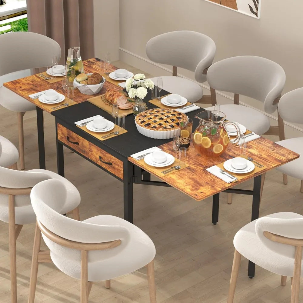 Folding Dining Table with Drawers, Extendable, for 6-8 People, Space-Saving for Living Room, Kitchen