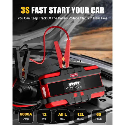 Portable Car Jump Starter, 12L Diesel Engines with 40W Fast Charging Smart LCD Display and Red Warning Light