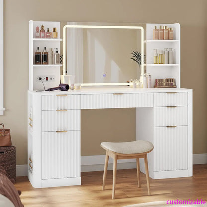 51.2" Fluted Makeup Vanity Desk, 5 Drawer , 6 Open Shelves, Modern Dressing Table-White