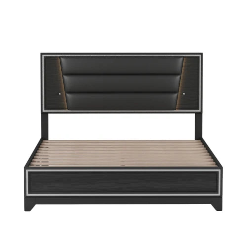 3-Pieces Bedroom Set, Queen Size Upholstered Bed with LED Lights, Nightstands and Dresser , Black /white