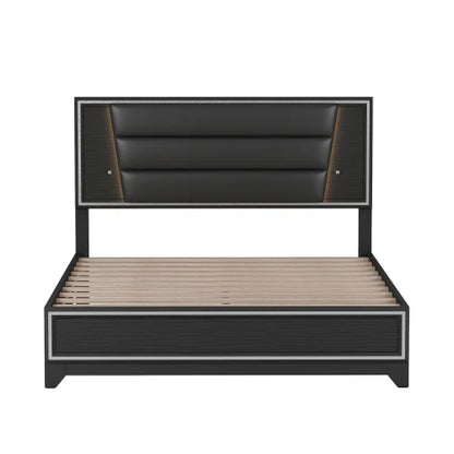 3-Pieces Bedroom Set, Queen Size Upholstered Bed with LED Lights, Nightstands and Dresser , Black /white