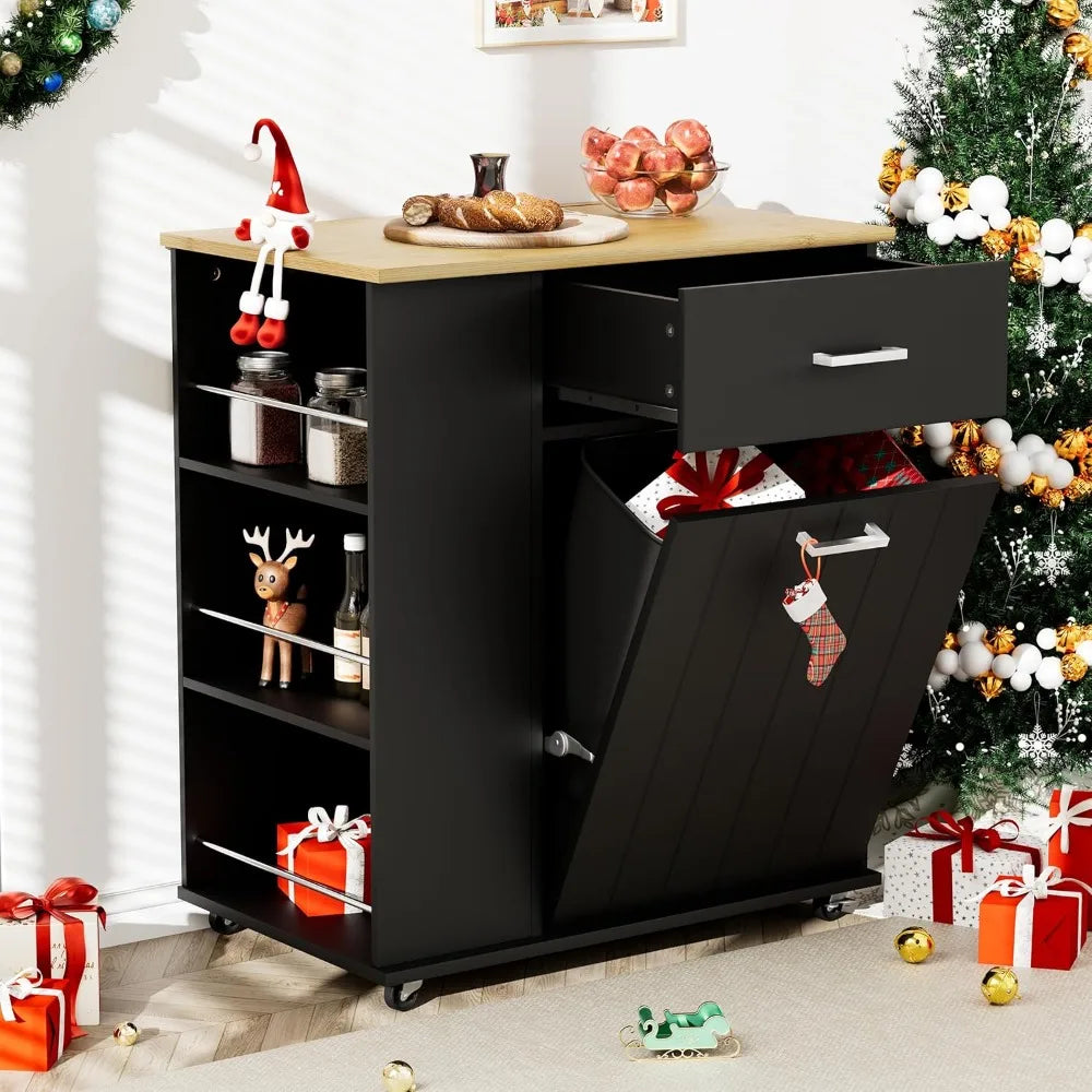 Rolling Kitchen Island with Trash Can Storage, Portable Cart on Wheels, Towel & Spice Rack, Black